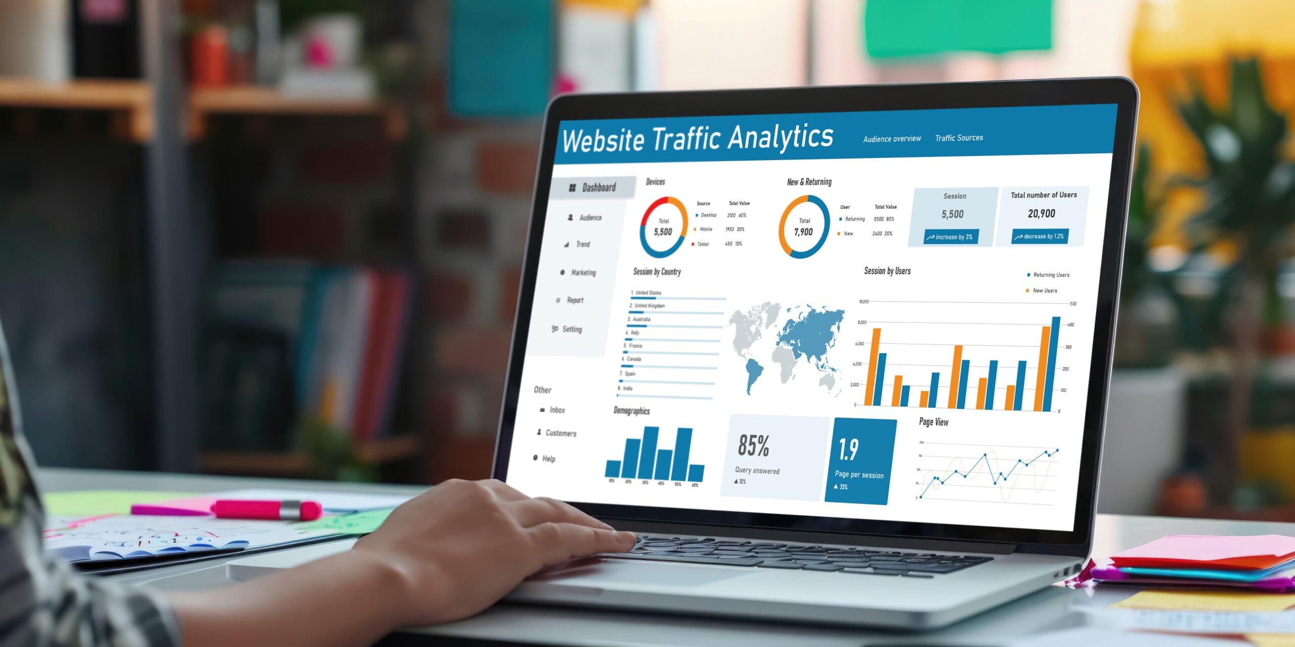 Computer software for website traffic analytics data on computer screen brisk