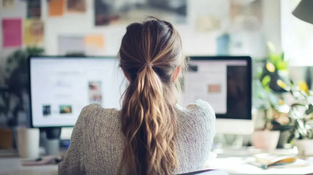 A freelance designer working remotely, finalizing a website template and digital marketing strategy in a bright, modern workspace