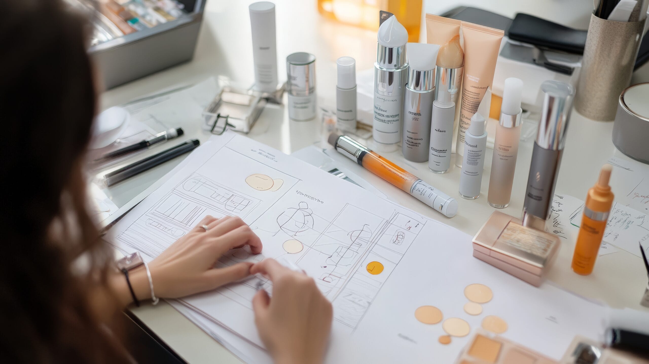Cosmetic packaging design in progress, with a marketing team analyzing trends and business data, behind the scenes beauty business.
