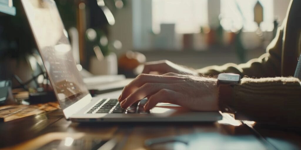 Hands, man, and laptop keyboard at table for planning, research, and internet work. Closeup of computer and typing on desk for website connection, email, and digital copywriting.