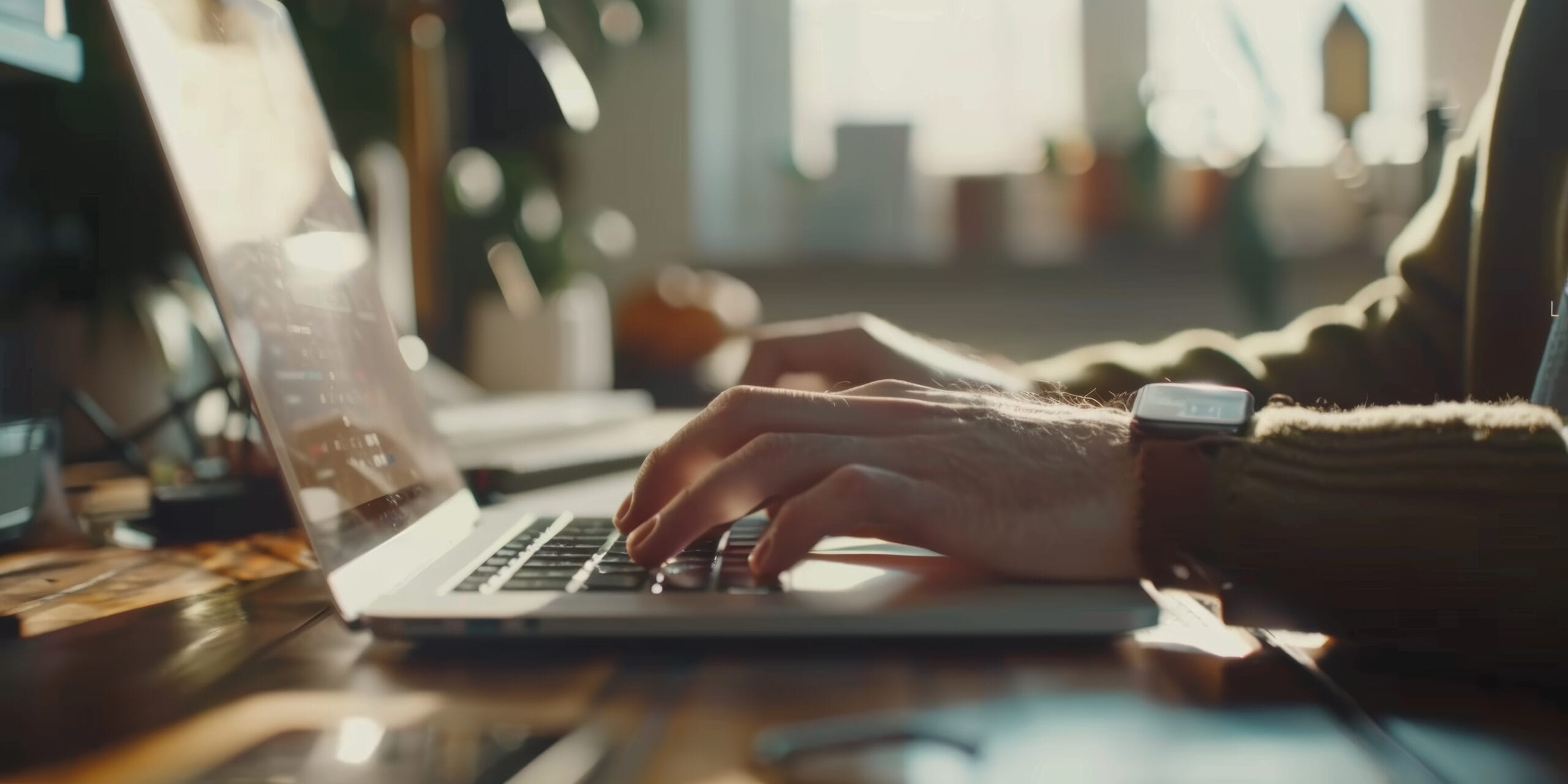 Hands, man, and laptop keyboard at table for planning, research, and internet work. Closeup of computer and typing on desk for website connection, email, and digital copywriting.