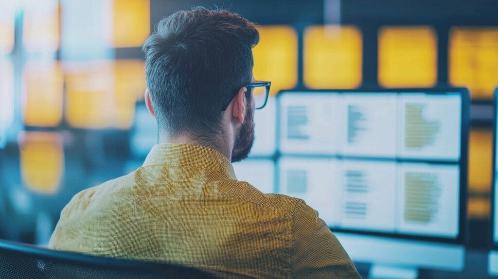 Person working on computer, focused on multiple screens displaying data and code in a modern office environment.