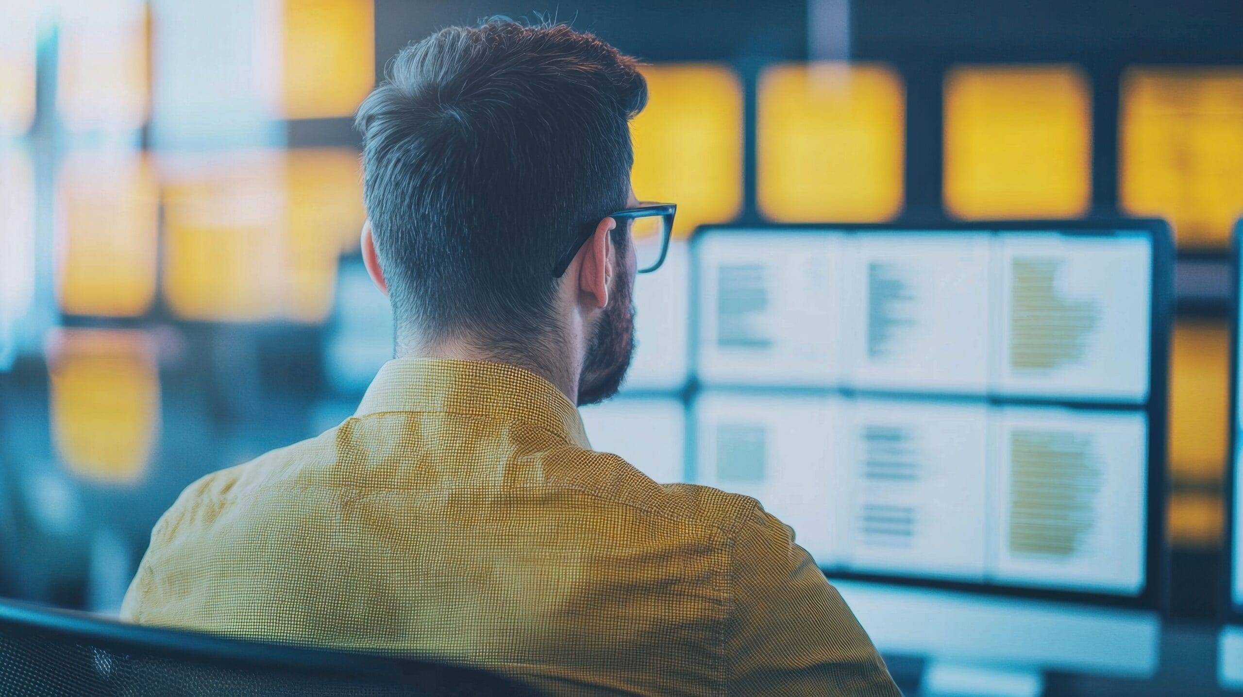 Person working on computer, focused on multiple screens displaying data and code in a modern office environment.