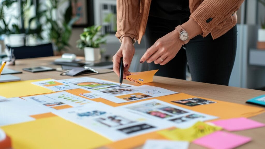 Creative director reviewing ad designs in stylish office space for marketing campaigns